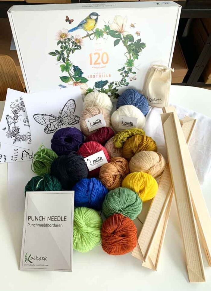 One of a kind XL punch needle kit with 3 size punch needle with 20 colors Lanita ecological wool in Chateau Lestrille box | S1793